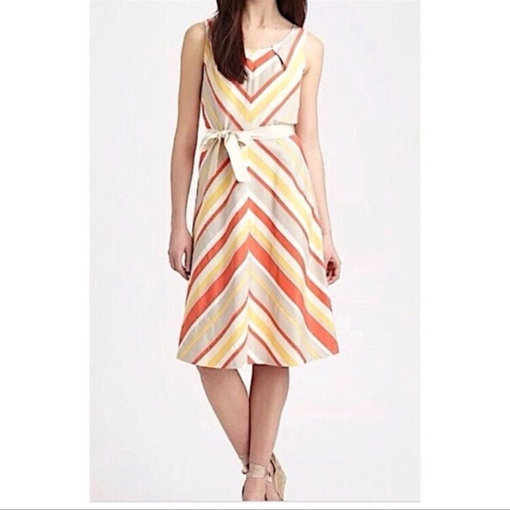 NWOT Lafayette 148 Nerissa Pastel Chevron Striped Belted Tea Midi Dress Size 10